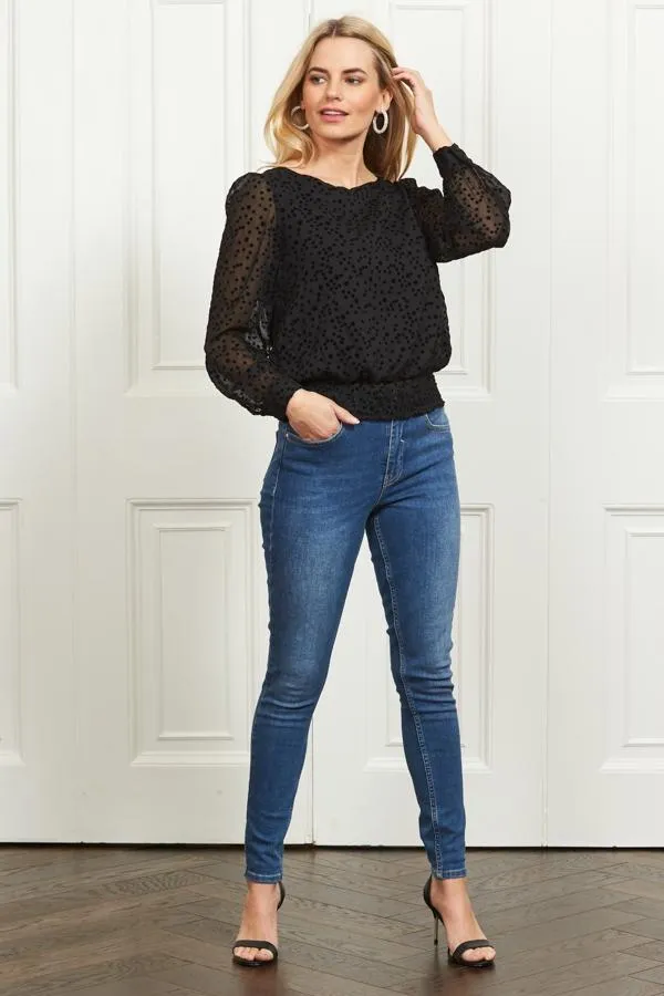 Sosandar Tops Women Black Flock Spot Detail Shirred Waist Mesh Top Black