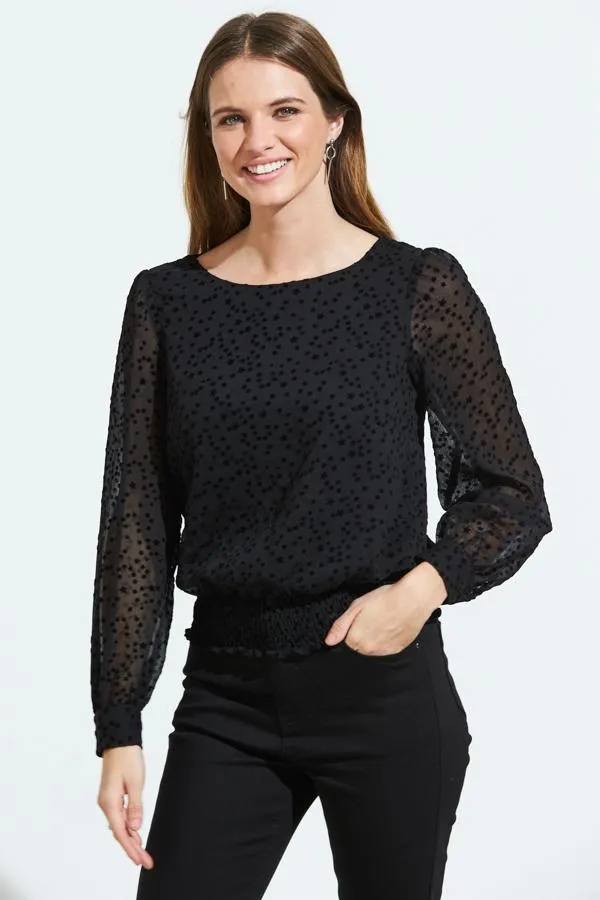 Sosandar Tops Women Black Flock Spot Detail Shirred Waist Mesh Top Black