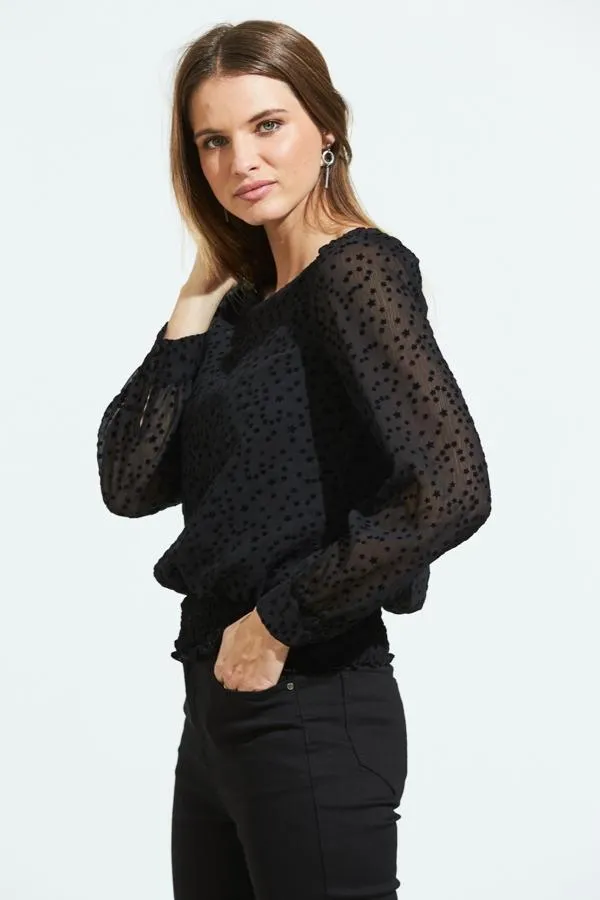 Sosandar Tops Women Black Flock Spot Detail Shirred Waist Mesh Top Black
