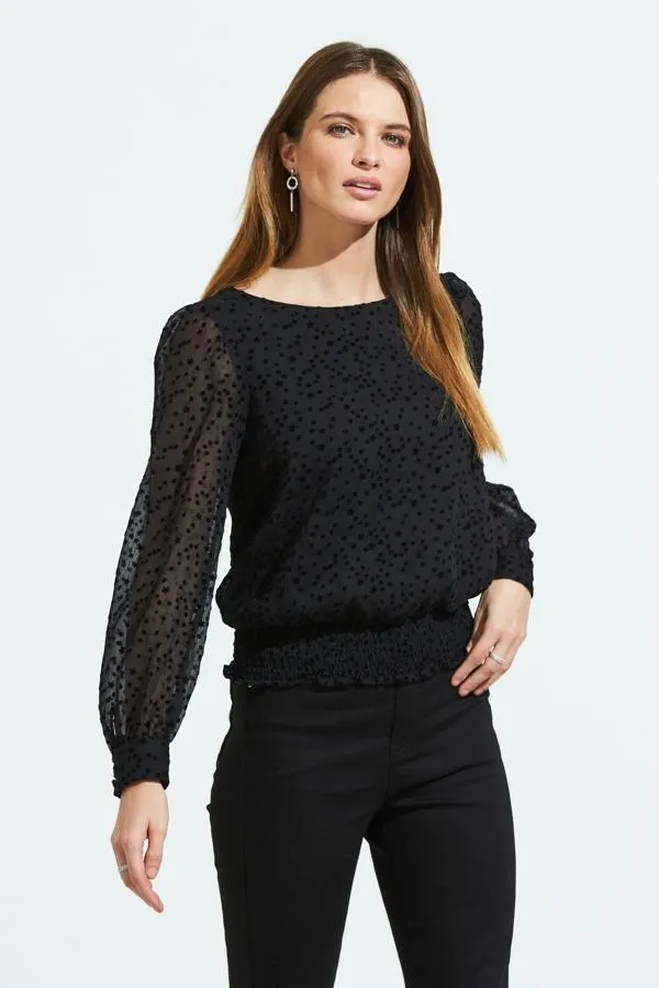 Sosandar Tops Women Black Flock Spot Detail Shirred Waist Mesh Top Black