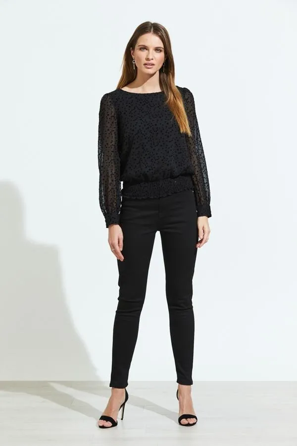 Sosandar Tops Women Black Flock Spot Detail Shirred Waist Mesh Top Black