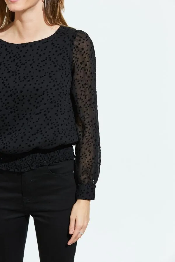 Sosandar Tops Women Black Flock Spot Detail Shirred Waist Mesh Top Black