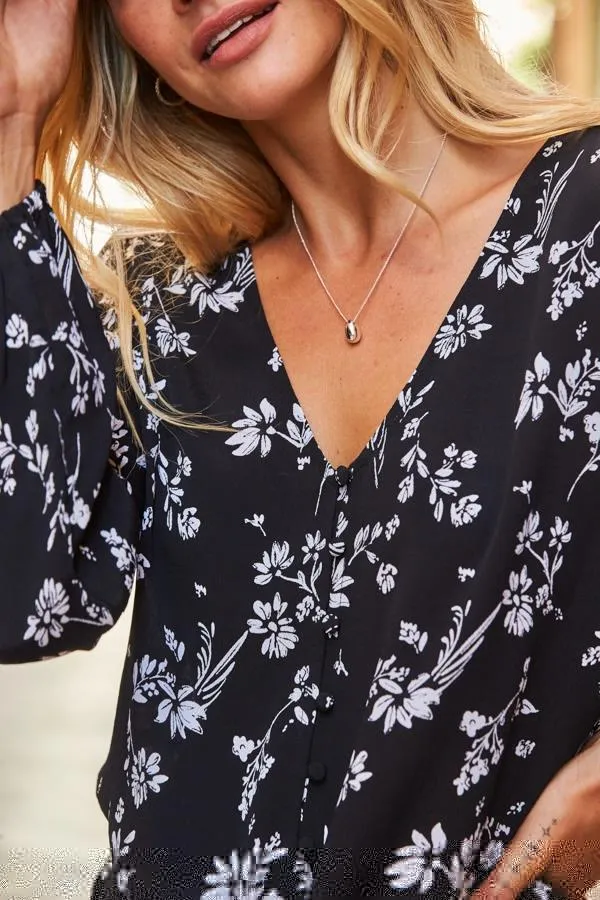 Sosandar Tops Women Black Floral Print Button Front Tie Waist Top Black
