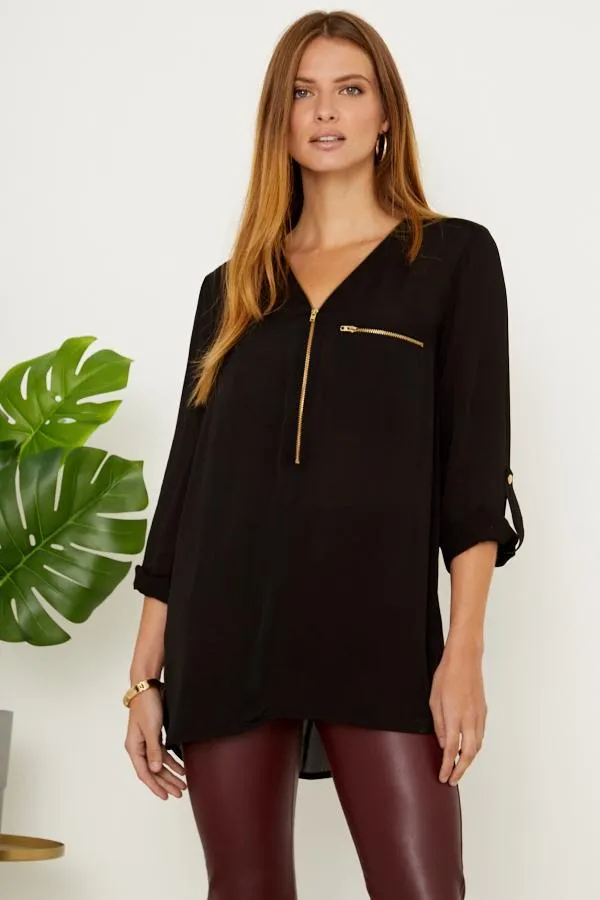 Sosandar Tops Women Black Gold Zip Detail Longline Tunic Top Black