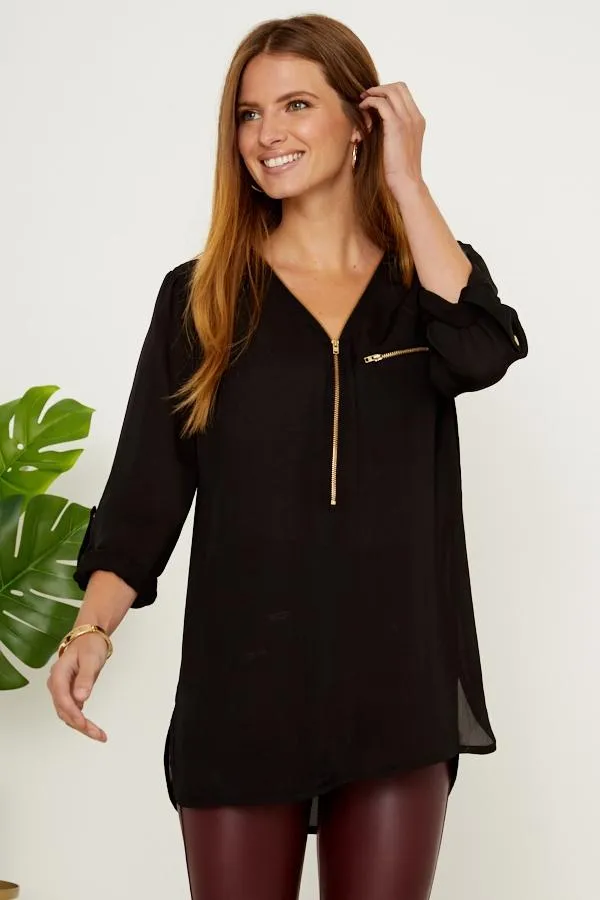 Sosandar Tops Women Black Gold Zip Detail Longline Tunic Top Black