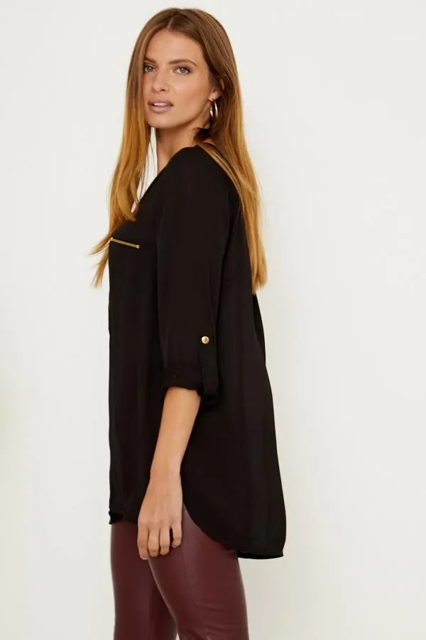 Sosandar Tops Women Black Gold Zip Detail Longline Tunic Top Black