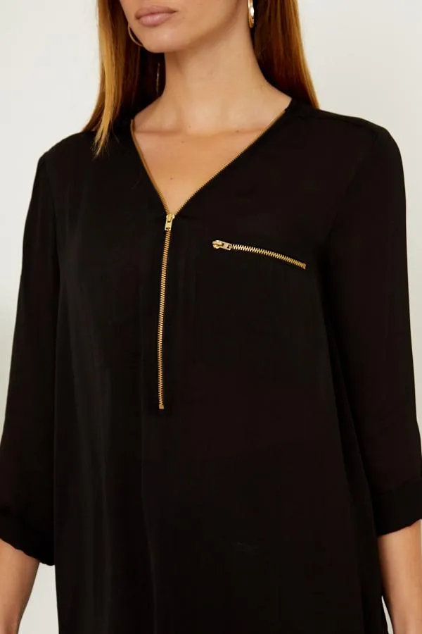 Sosandar Tops Women Black Gold Zip Detail Longline Tunic Top Black