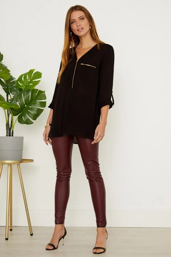 Sosandar Tops Women Black Gold Zip Detail Longline Tunic Top Black