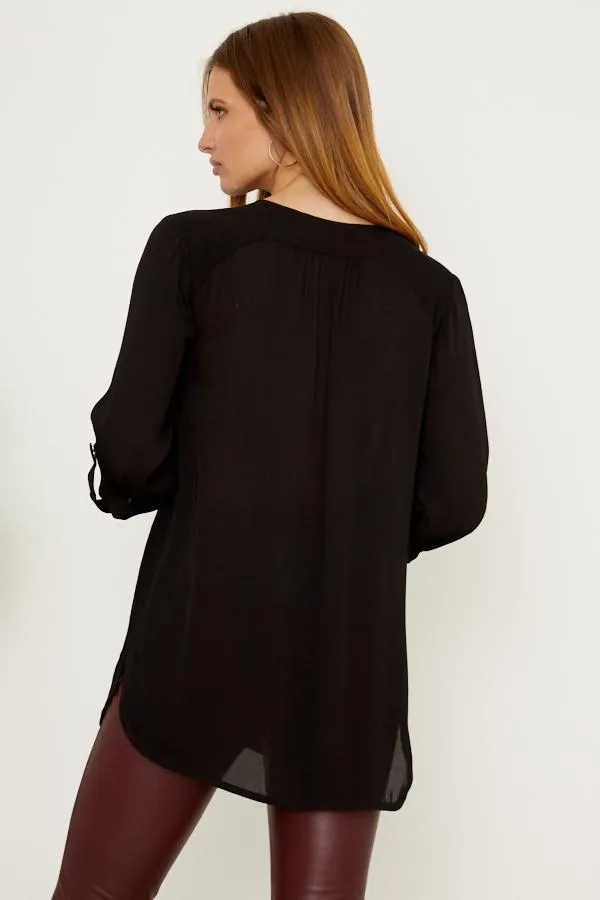 Sosandar Tops Women Black Gold Zip Detail Longline Tunic Top Black