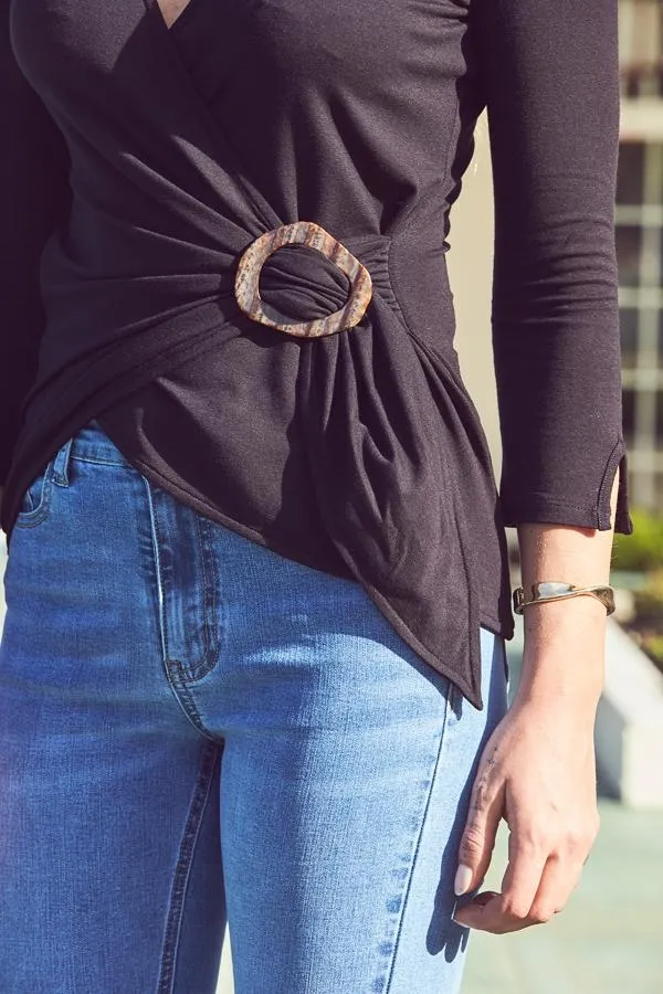 Sosandar Tops Women Black Hoop Detail Wrap Top Black