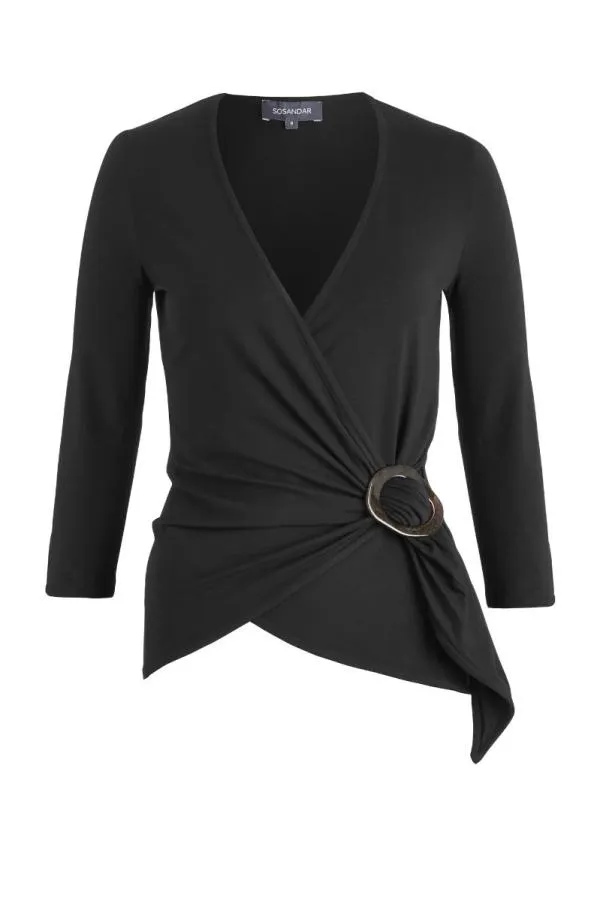 Sosandar Tops Women Black Hoop Detail Wrap Top Black