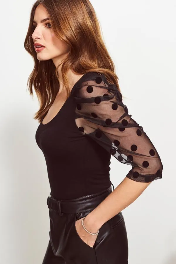 Sosandar Tops Women Black Polka Dot Organza Sleeve Top Black