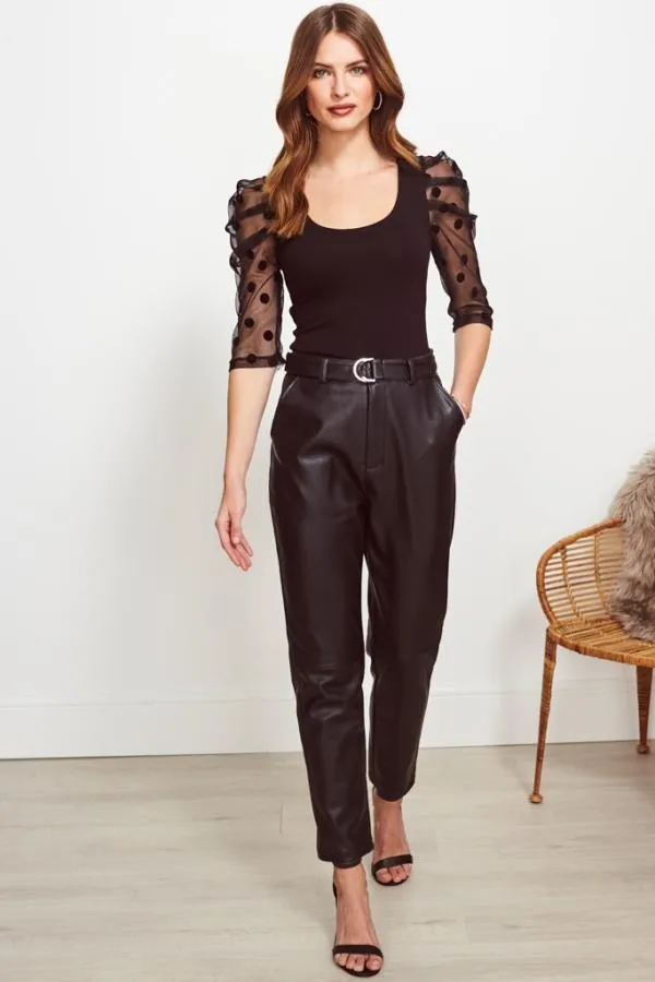 Sosandar Tops Women Black Polka Dot Organza Sleeve Top Black