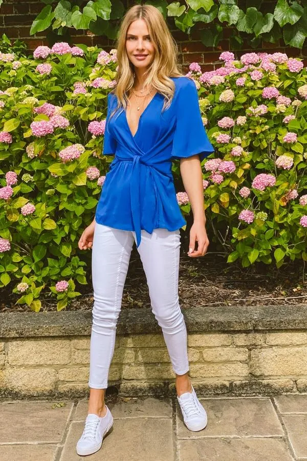 Sosandar Tops Women Blue Kimono Knot Front Top Blue