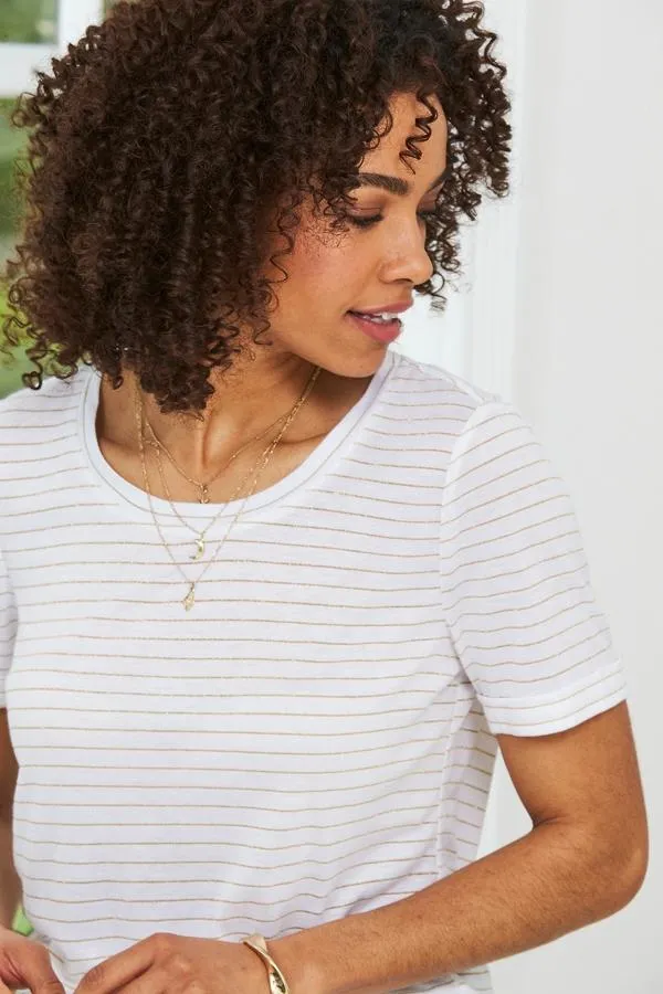Sosandar Tops Women Cream and Gold Lurex Stripe T Shirt Cream