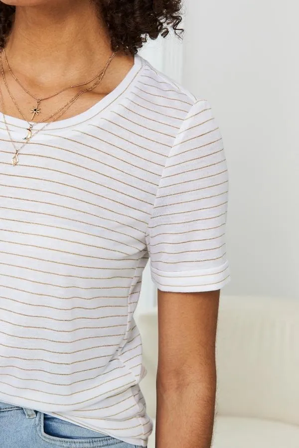 Sosandar Tops Women Cream and Gold Lurex Stripe T Shirt Cream