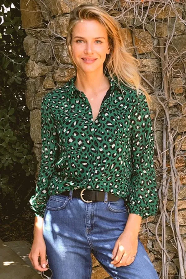 Sosandar Tops Women Green Leopard Print Shirt Green