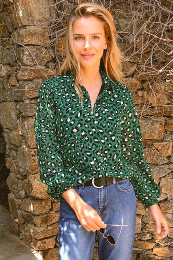 Sosandar Tops Women Green Leopard Print Shirt Green