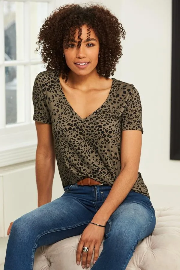 Sosandar Tops Women Khaki Leopard Print Premium Jersey V Neck T Shirt Khaki