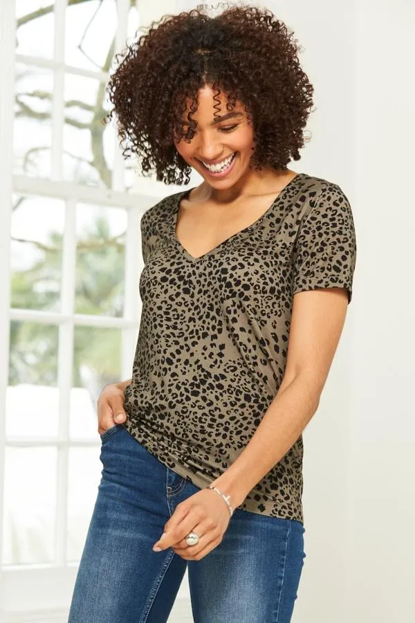 Sosandar Tops Women Khaki Leopard Print Premium Jersey V Neck T Shirt Khaki