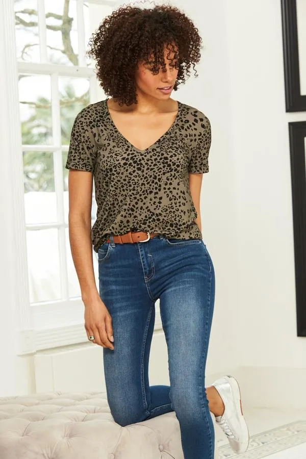 Sosandar Tops Women Khaki Leopard Print Premium Jersey V Neck T Shirt Khaki