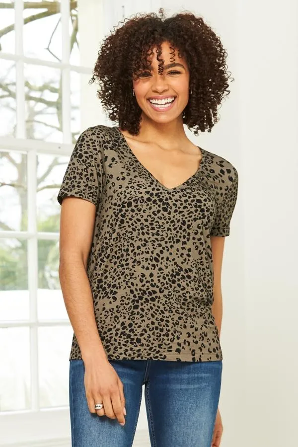 Sosandar Tops Women Khaki Leopard Print Premium Jersey V Neck T Shirt Khaki