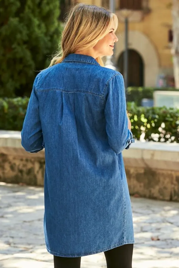 Sosandar Tops Women Mid Blue Denim Relaxed Fit Longline Shirt Mid Blue