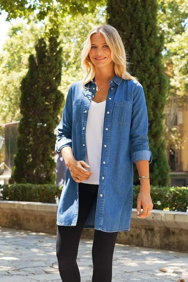 Sosandar Tops Women Mid Blue Denim Relaxed Fit Longline Shirt Mid Blue