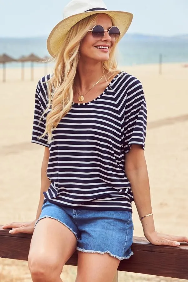 Sosandar Tops Women Navy and White Striped Relaxed Fit Scoop Neck T Shirt Navy White Sosandar Tops Women Navy and White Striped Relaxed Fit Scoop Neck T Shirt Navy White