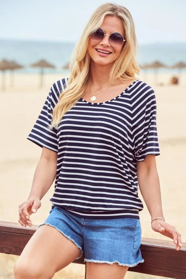 Sosandar Tops Women Navy and White Striped Relaxed Fit Scoop Neck T Shirt Navy White