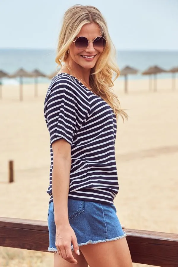 Sosandar Tops Women Navy and White Striped Relaxed Fit Scoop Neck T Shirt Navy White