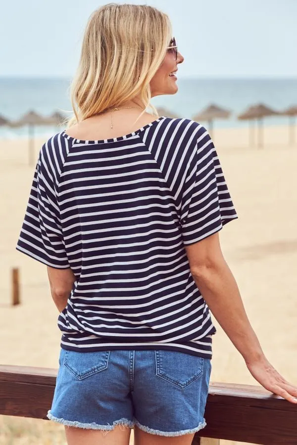 Sosandar Tops Women Navy and White Striped Relaxed Fit Scoop Neck T Shirt Navy White