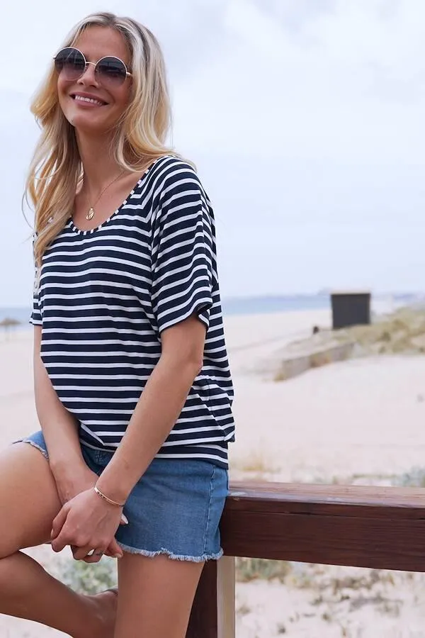 Sosandar Tops Women Navy and White Striped Relaxed Fit Scoop Neck T Shirt Navy White