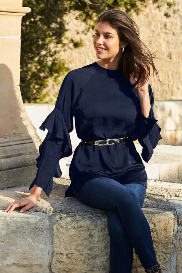 Sosandar Tops Women Navy Blue Ruffle Sleeve Relaxed Fit Top Navy Blue