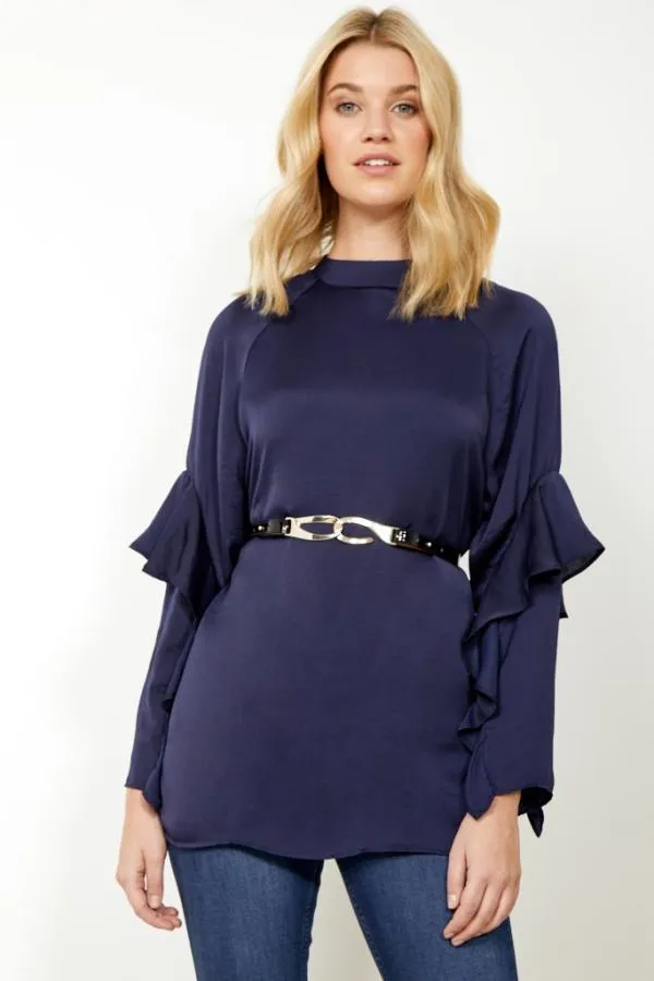 Sosandar Tops Women Navy Blue Ruffle Sleeve Relaxed Fit Top Navy Blue
