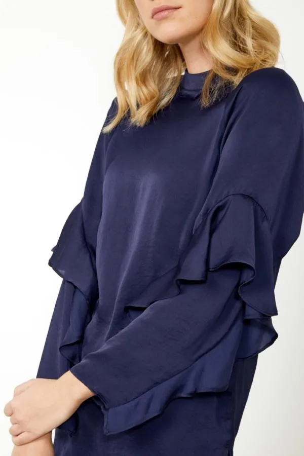 Sosandar Tops Women Navy Blue Ruffle Sleeve Relaxed Fit Top Navy Blue