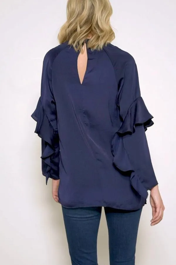 Sosandar Tops Women Navy Blue Ruffle Sleeve Relaxed Fit Top Navy Blue