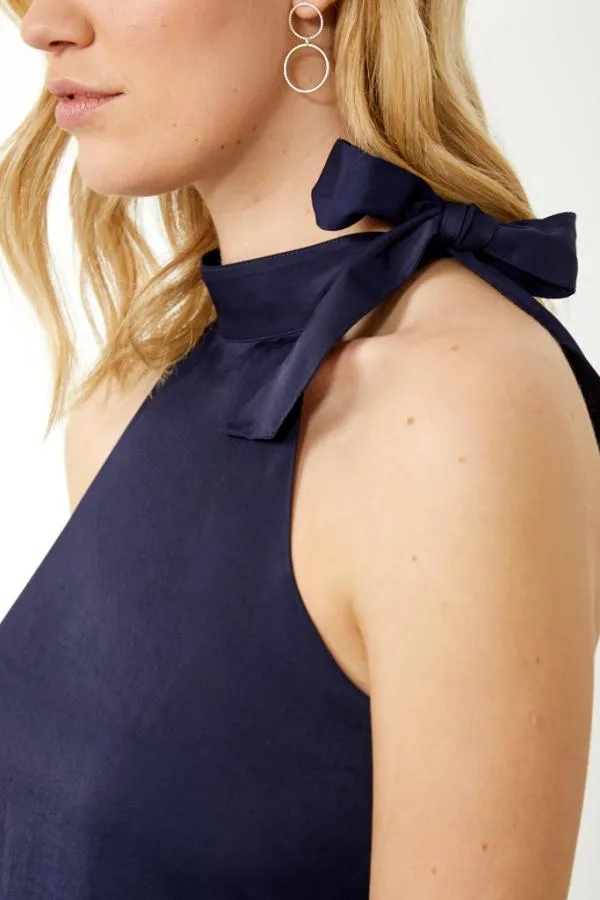 Sosandar Tops Women Navy Tie Detail Halter Neck Top Navy