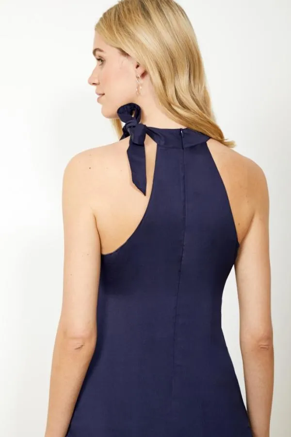 Sosandar Tops Women Navy Tie Detail Halter Neck Top Navy