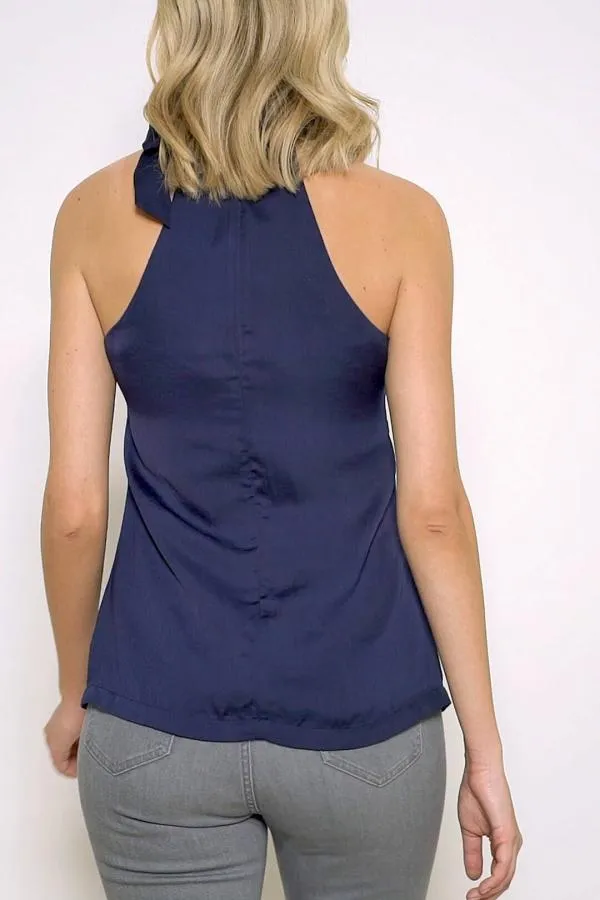 Sosandar Tops Women Navy Tie Detail Halter Neck Top Navy