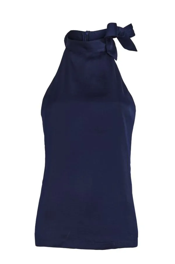 Sosandar Tops Women Navy Tie Detail Halter Neck Top Navy