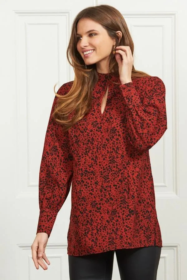 Sosandar Tops Women Red and Black Spot Print Keyhole Detail Relaxed Fit Top Red Black