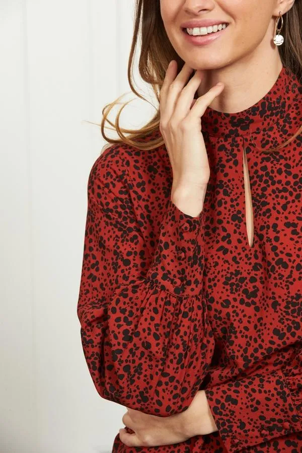 Sosandar Tops Women Red and Black Spot Print Keyhole Detail Relaxed Fit Top Red Black