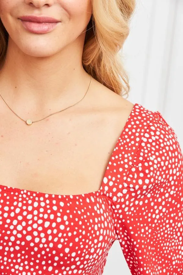 Sosandar Tops Women Red Confetti Spot Print Square Neck Jersey Top Red