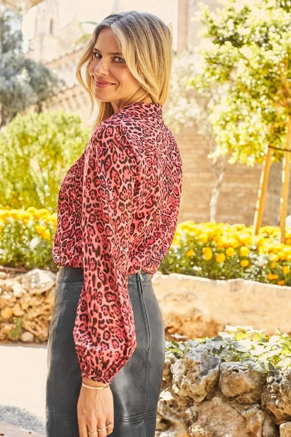 Sosandar Tops Women Red Leopard Print Blouson Sleeve Shirt Red