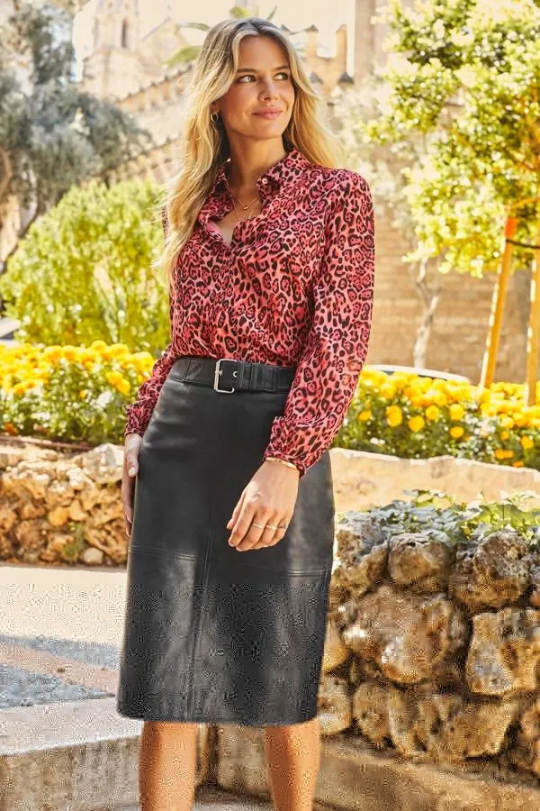 Sosandar Tops Women Red Leopard Print Blouson Sleeve Shirt Red