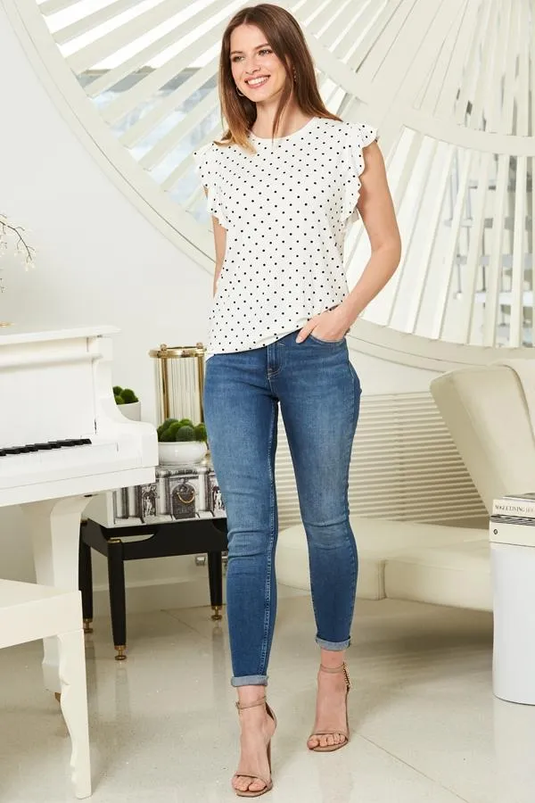 Sosandar Tops Women White and Black Spot Print Ruffle Sleeve Top White Black