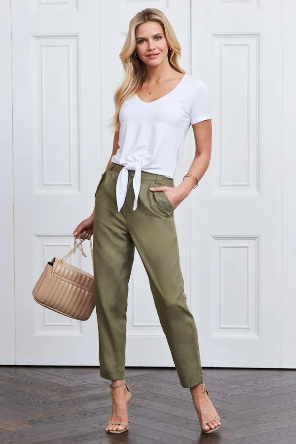 Sosandar Trousers and Leggings Women Khaki Button Detail Utility Trousers Khaki
