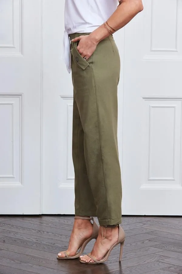Sosandar Trousers and Leggings Women Khaki Button Detail Utility Trousers Khaki