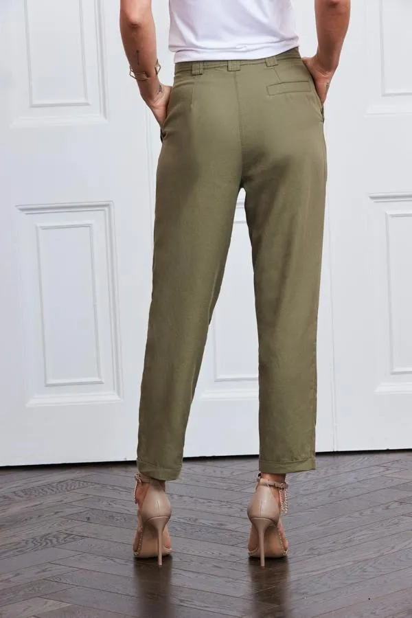Sosandar Trousers and Leggings Women Khaki Button Detail Utility Trousers Khaki